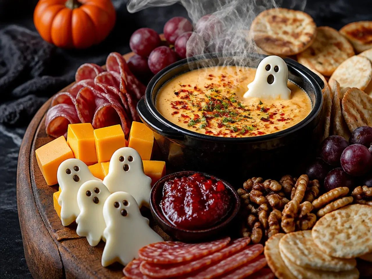 Halloween charcuterie board with visible black slate showing between clusters of cheese, meat and fruit