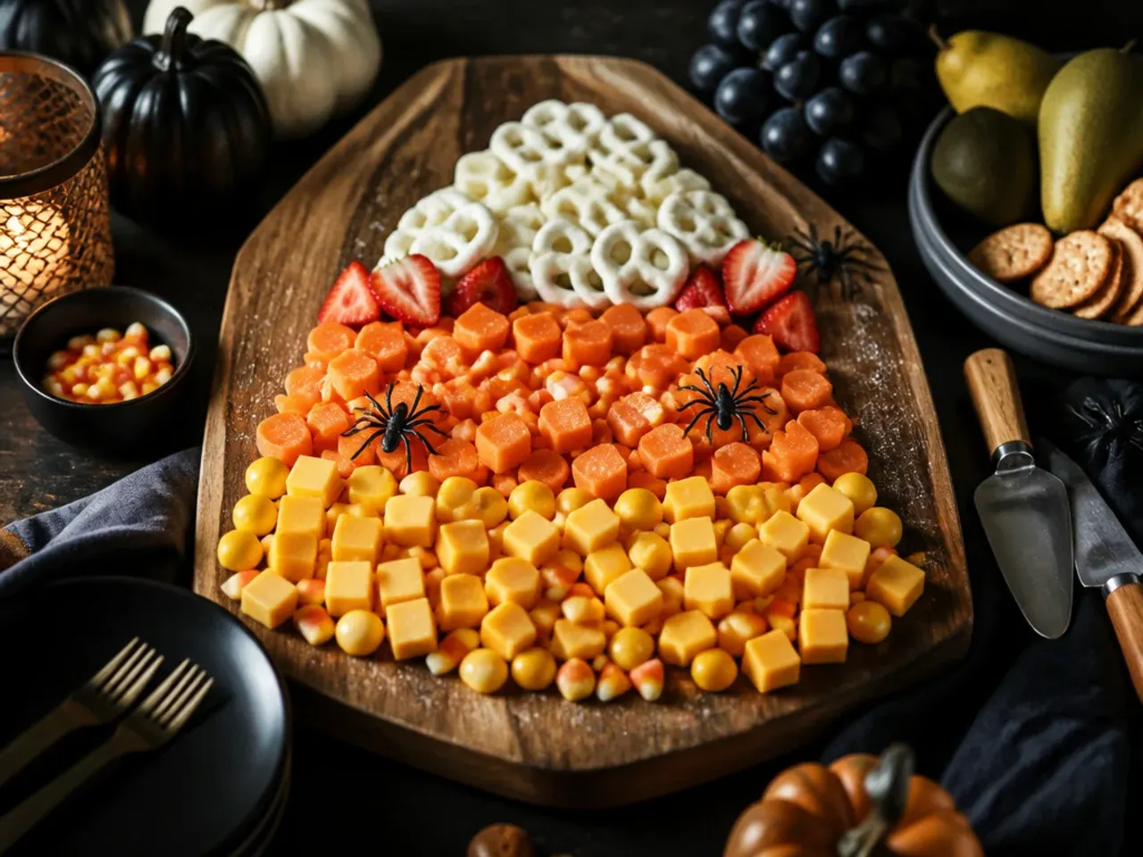 Candy corn being scattered over a finished halloween charcuterie board just before serving