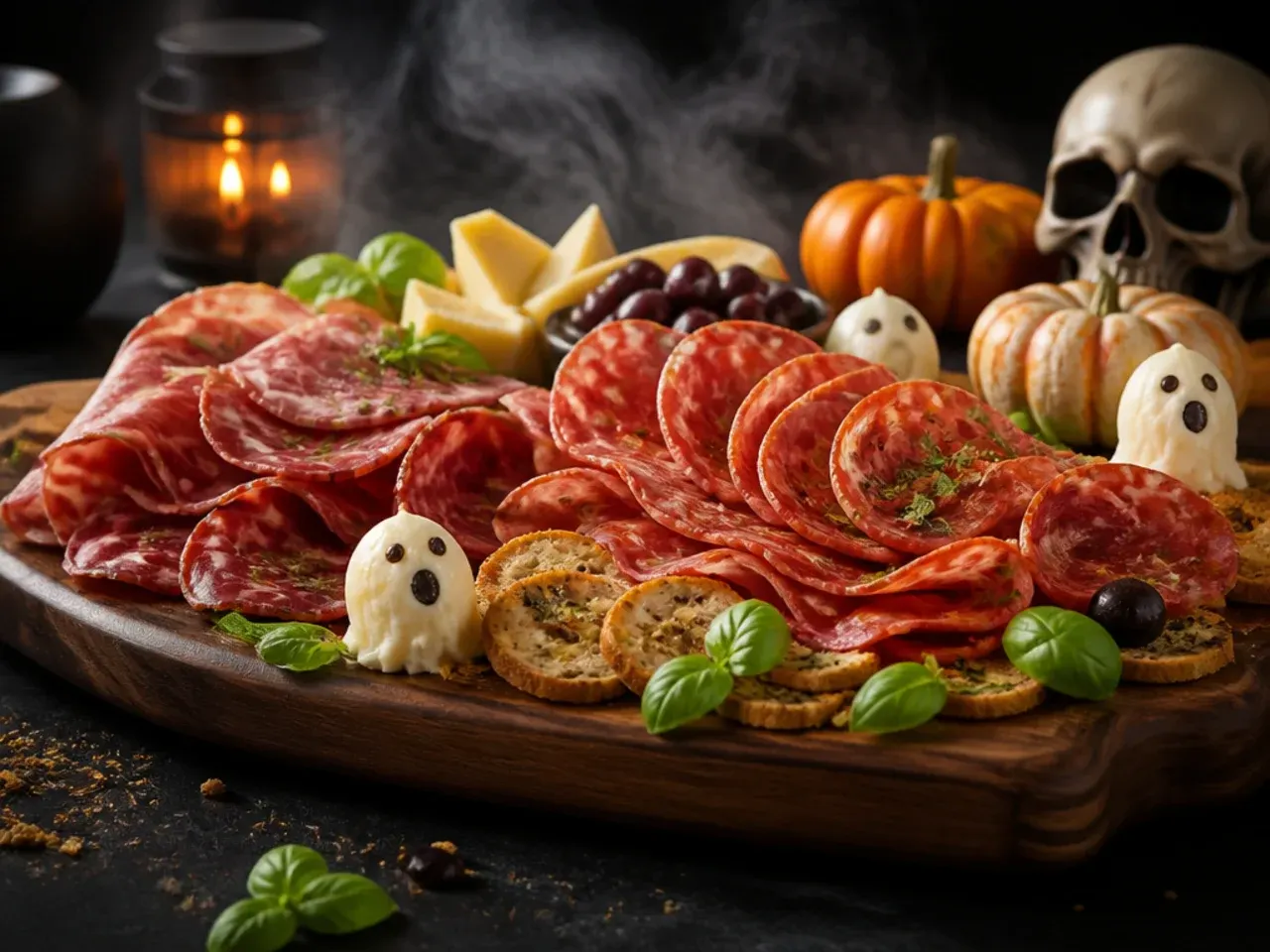 Salami slices folded and fanned into a ribbon shape on a charcuterie board