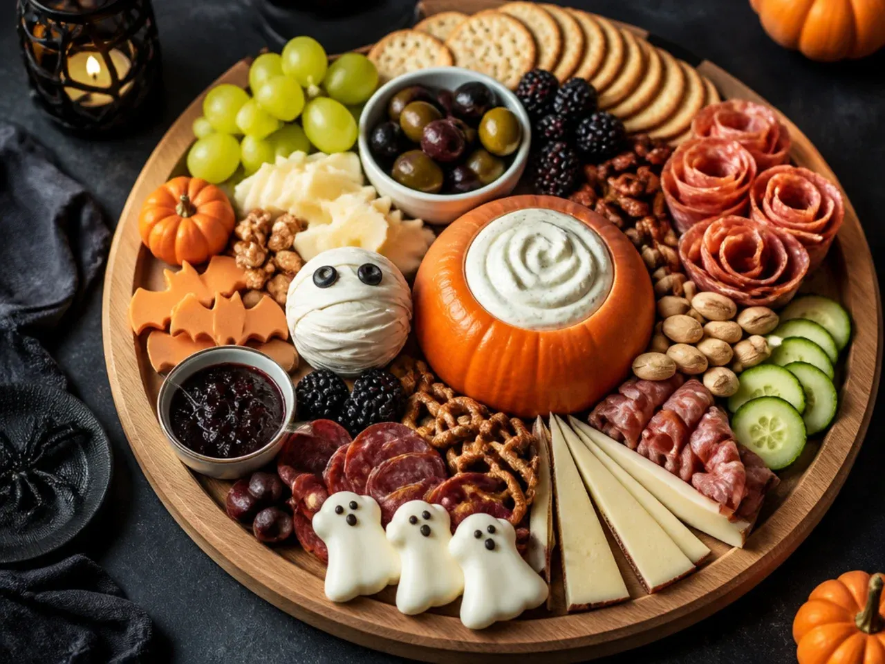Two halloween charcuterie board trays, one with meat and cheese prepped early and one with fresh crackers added later