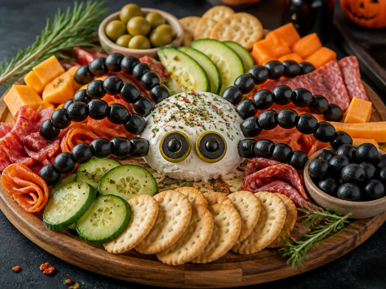 Cherry tomato spider with olive legs anchored with cream cheese on a halloween board