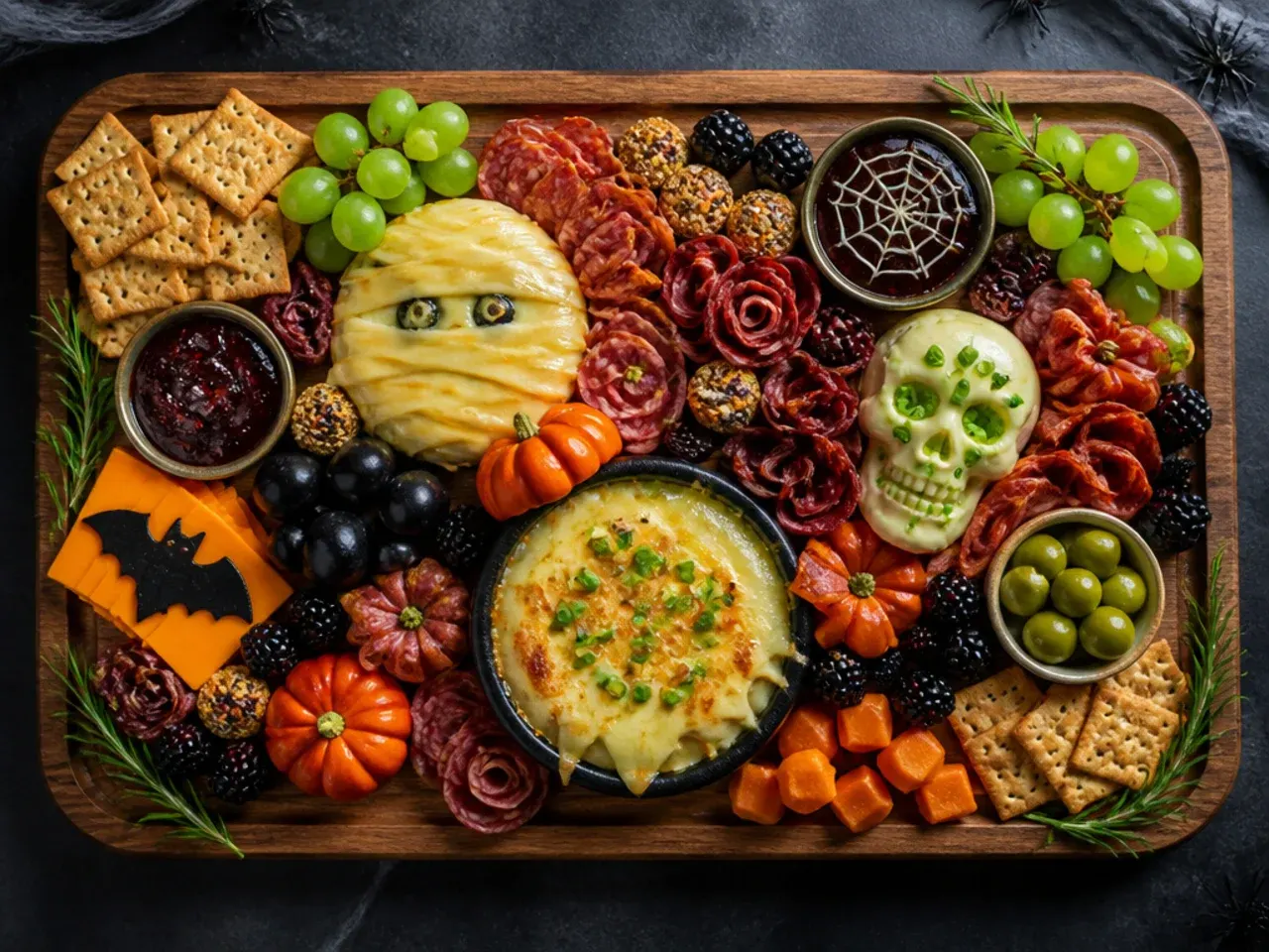 Breadstick broomsticks with a rosemary sprig pressed into one end on a halloween charcuterie board