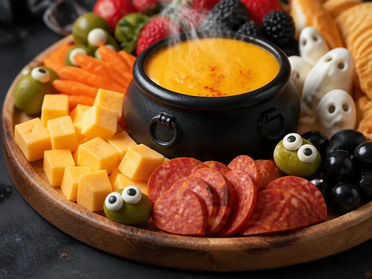 Kids version of a halloween charcuterie board with mild cheddar and mozzarella shapes