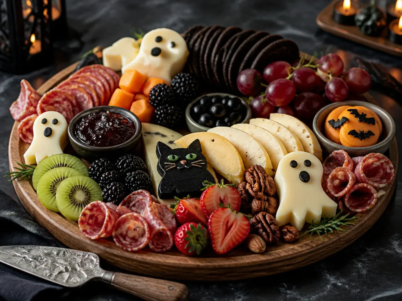 Halloween charcuterie board photographed in soft side light near a window