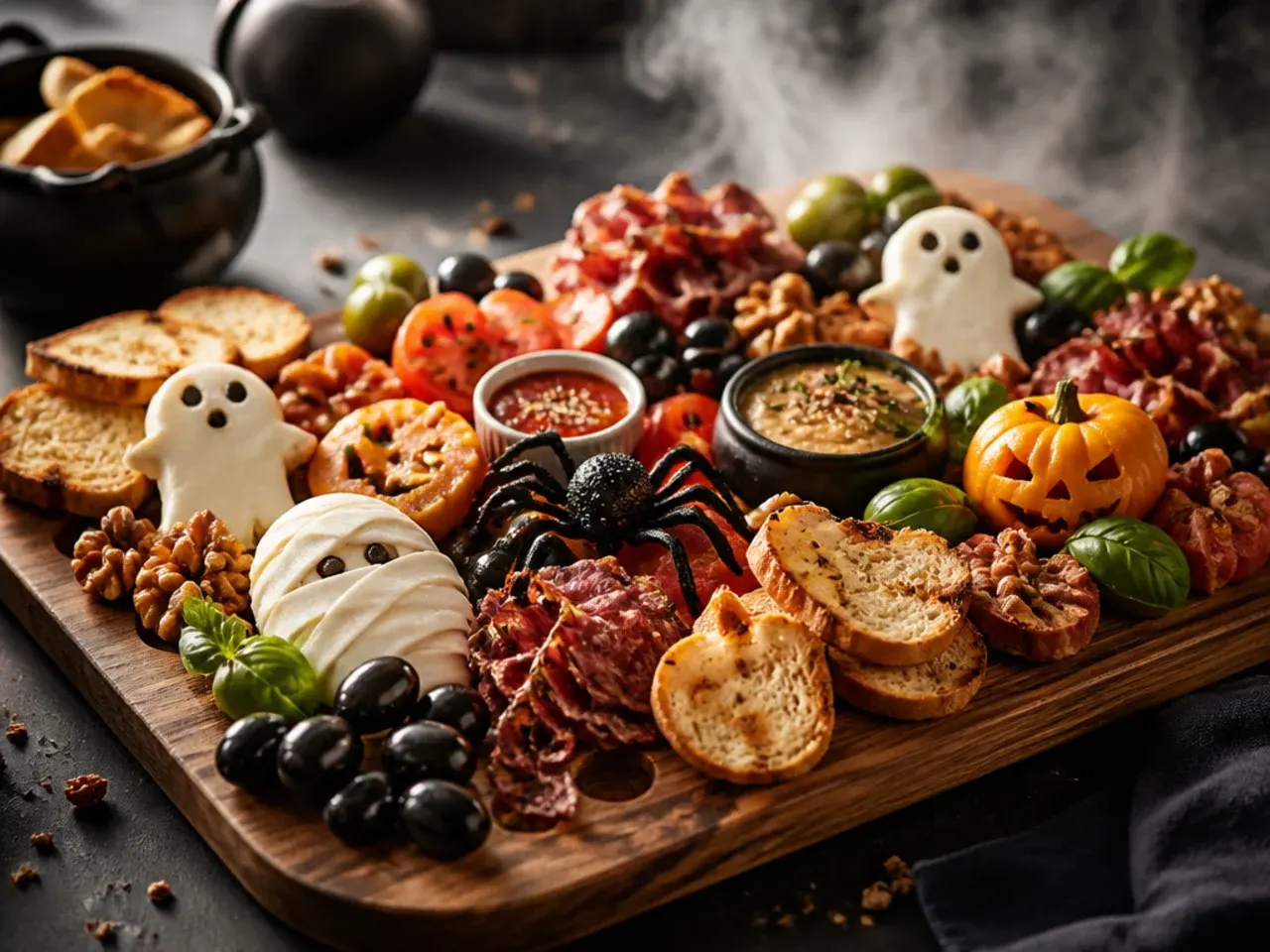 Generously portioned halloween charcuterie board sized for a party of ten