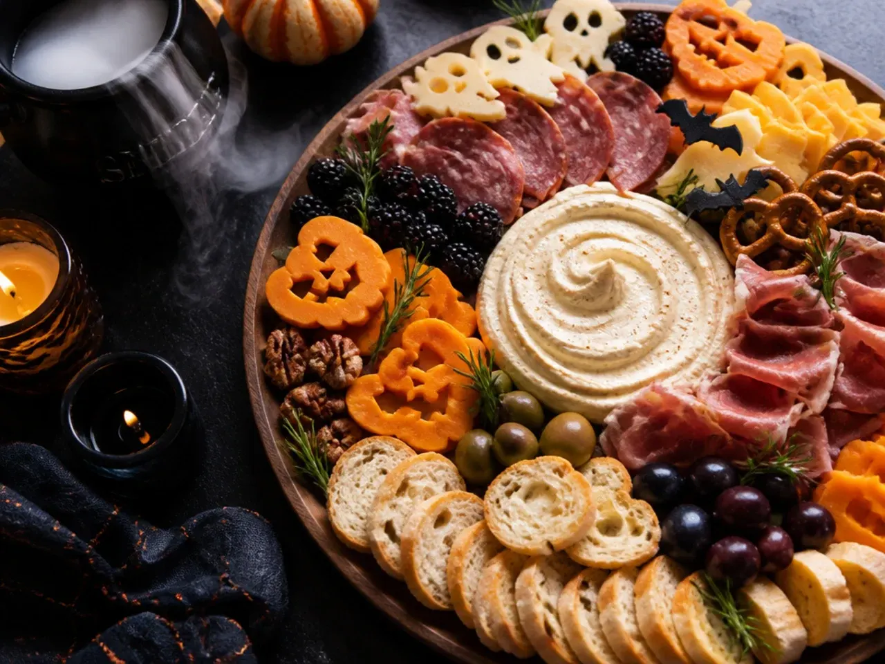 Halloween charcuterie board wrapped tightly in cling film for transport