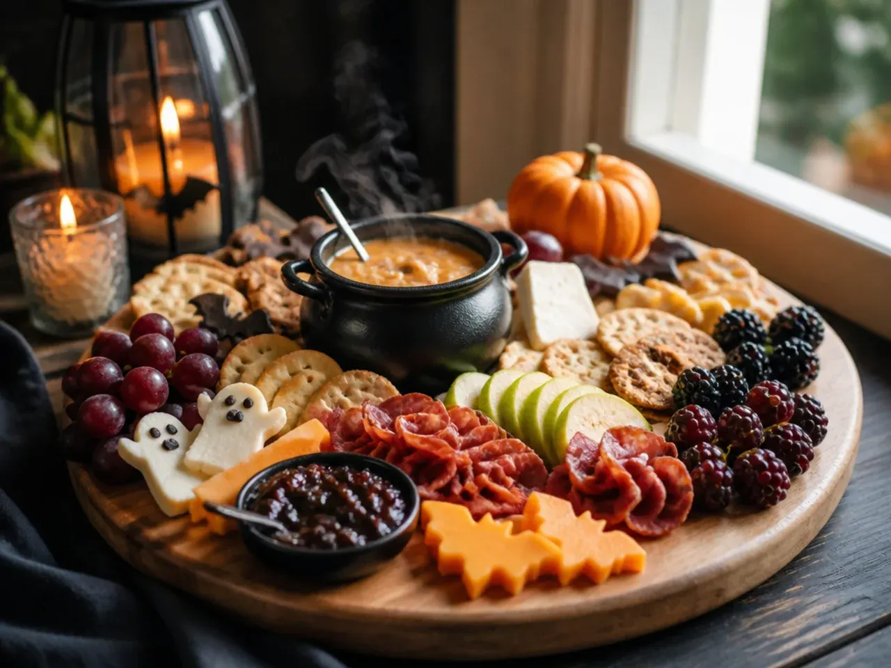 Finished halloween theme charcuterie board ready to serve at a party
