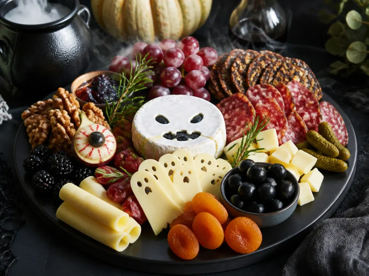 Overhead shot of a budget halloween themed charcuterie board with orange cheese, black grapes and crackers