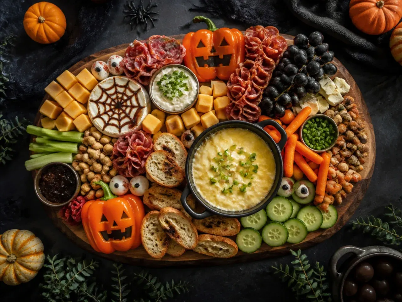 Classic orange and black halloween themed charcuterie board with Red Leicester and dark grapes