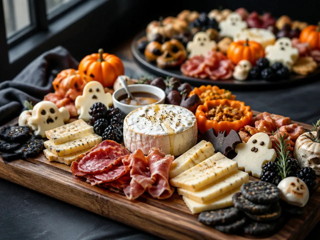 Minimal easy halloween themed charcuterie board with sliced salami, cheese and olives