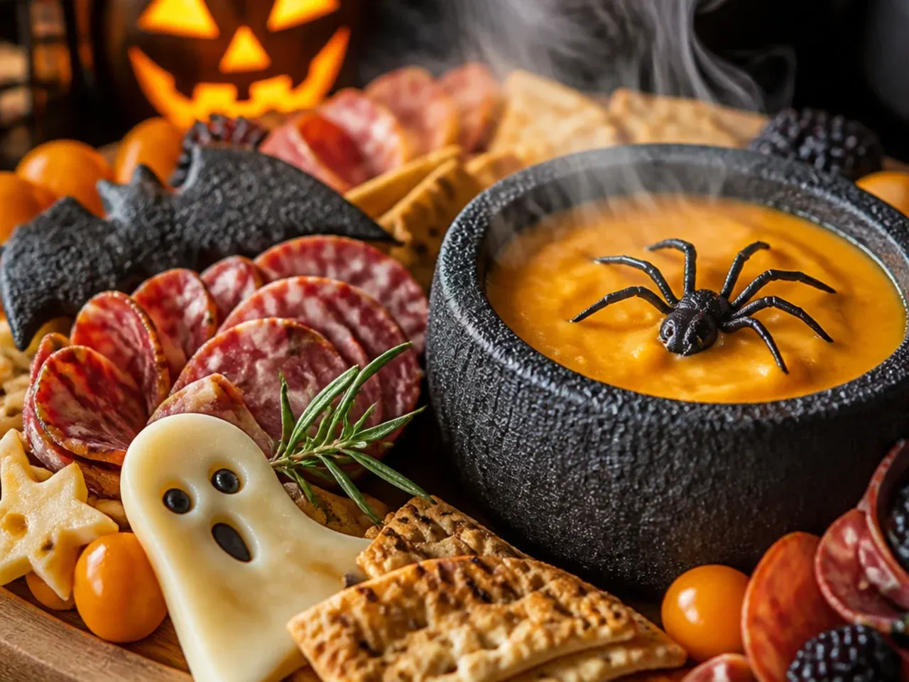 Cozy autumn-style halloween themed charcuterie board with roasted squash and warm brie