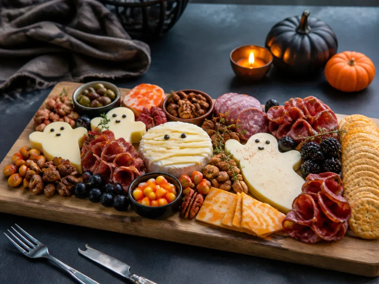 Simple two-cheese halloween themed charcuterie board with cheddar and brie