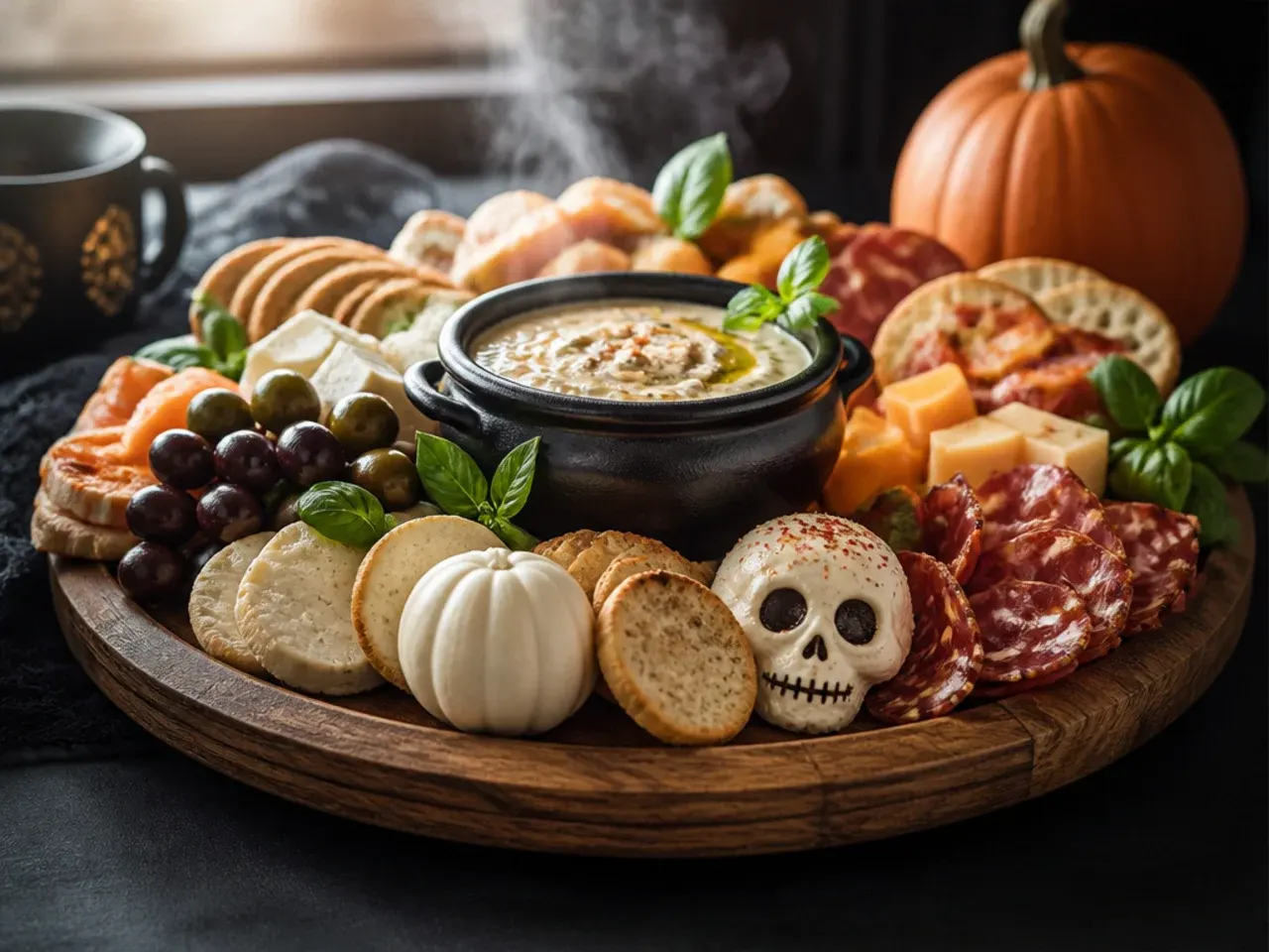 Whipped cream cheese ghost swirls with olive eyes on a halloween themed charcuterie board