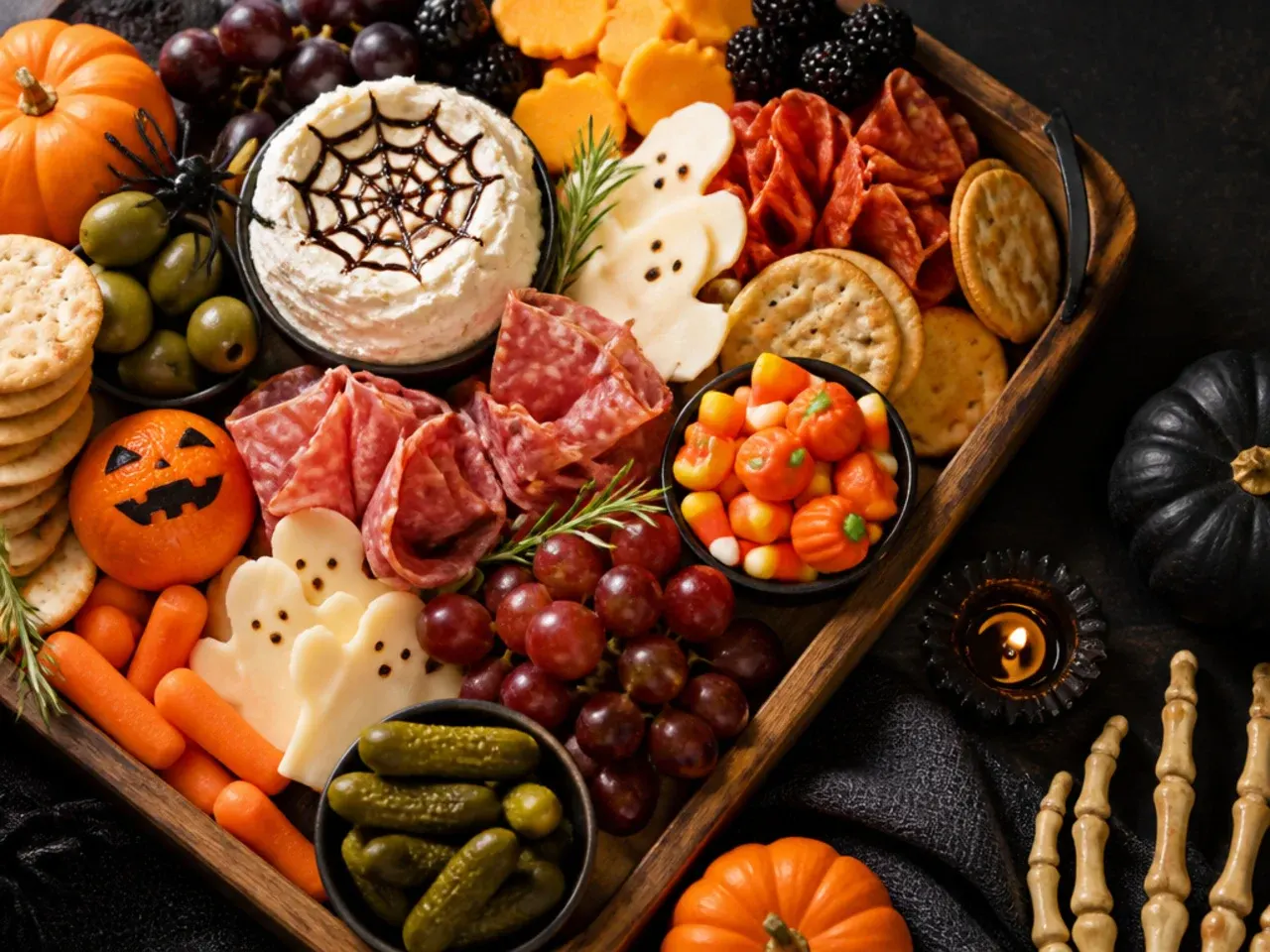 Graveyard-style loaded corner of a halloween themed charcuterie board with cookie crumbs and cracker headstones