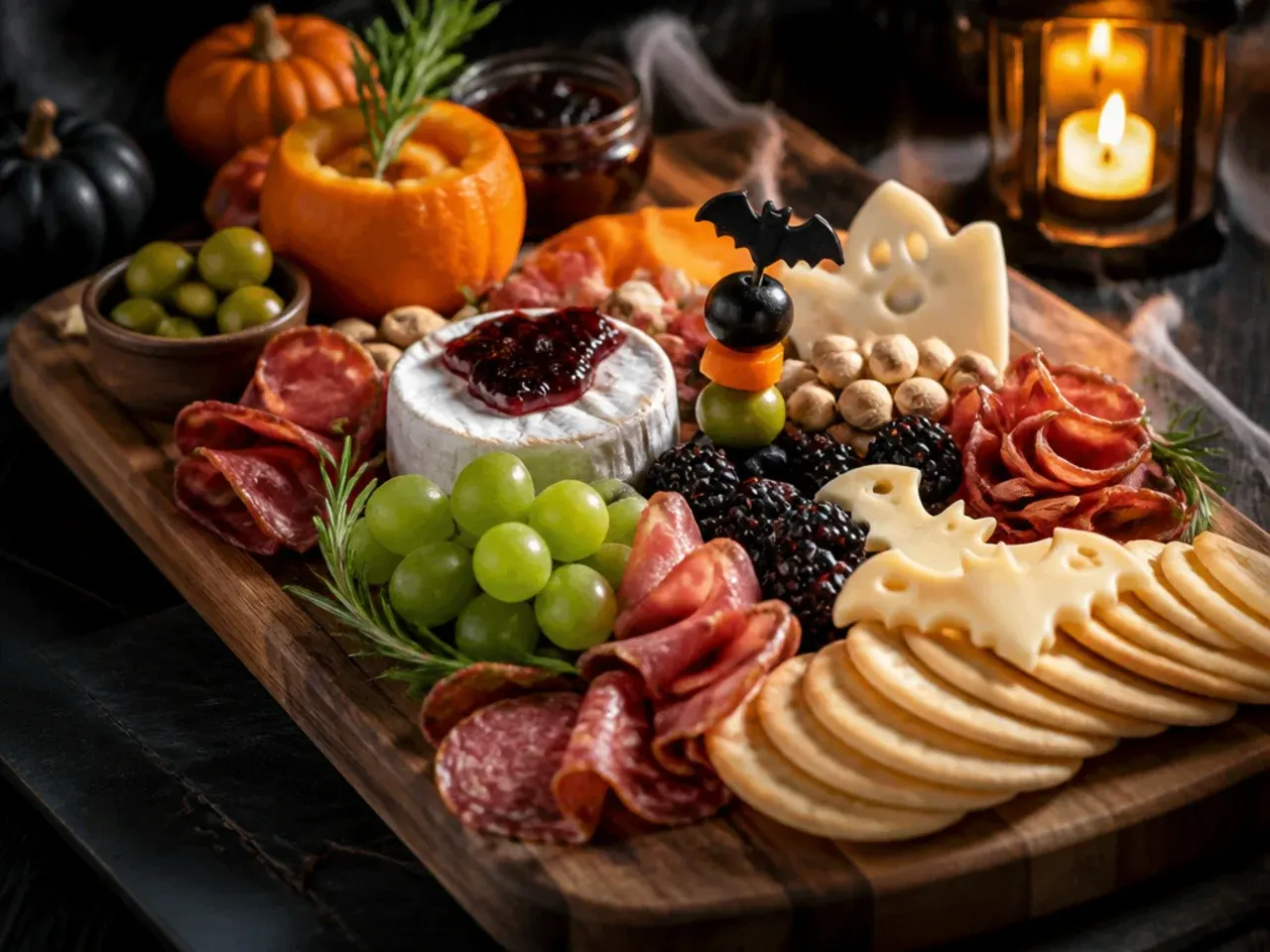 Spider web design piped in chocolate on cream cheese on a halloween themed charcuterie board