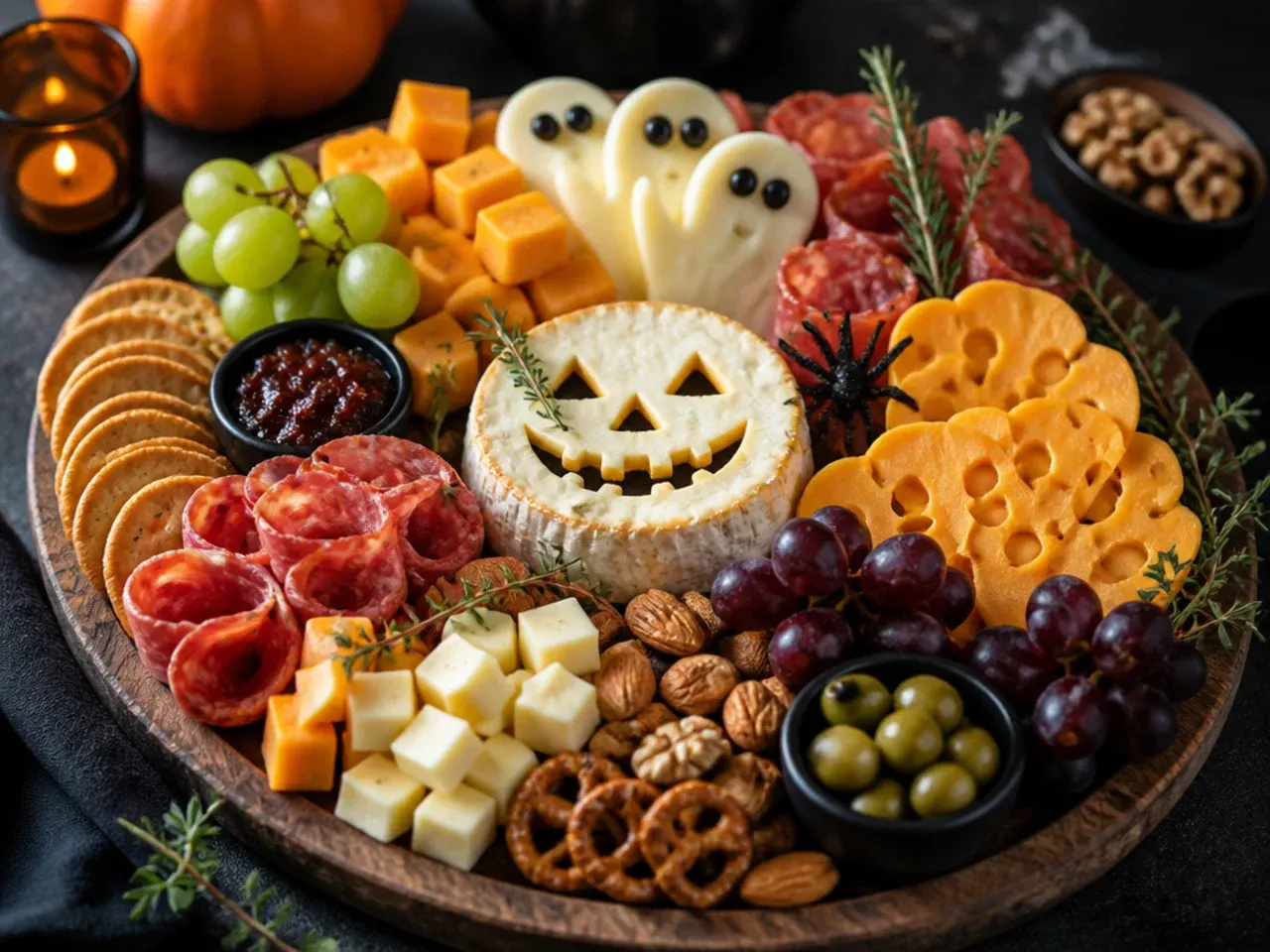 Cheese wheel carved into a jack-o'-lantern face on a halloween themed charcuterie board