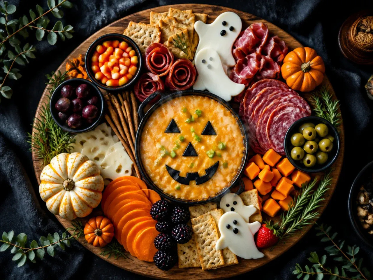 Budget halloween themed charcuterie board with own-brand cheddar, ham and clementine segments