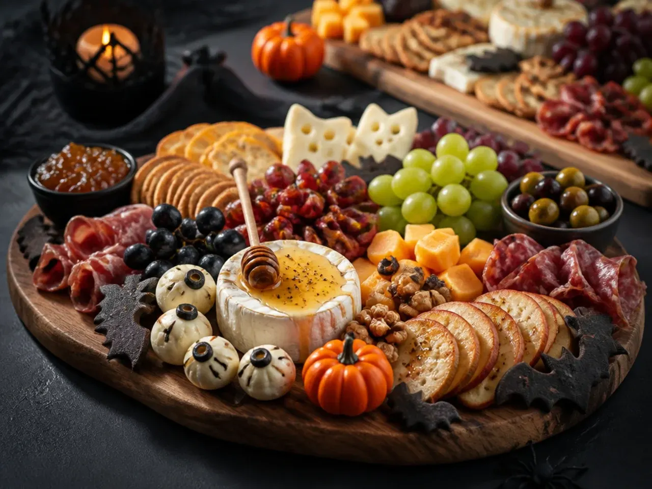 Large crowd-pleasing halloween themed charcuterie board set out for a party