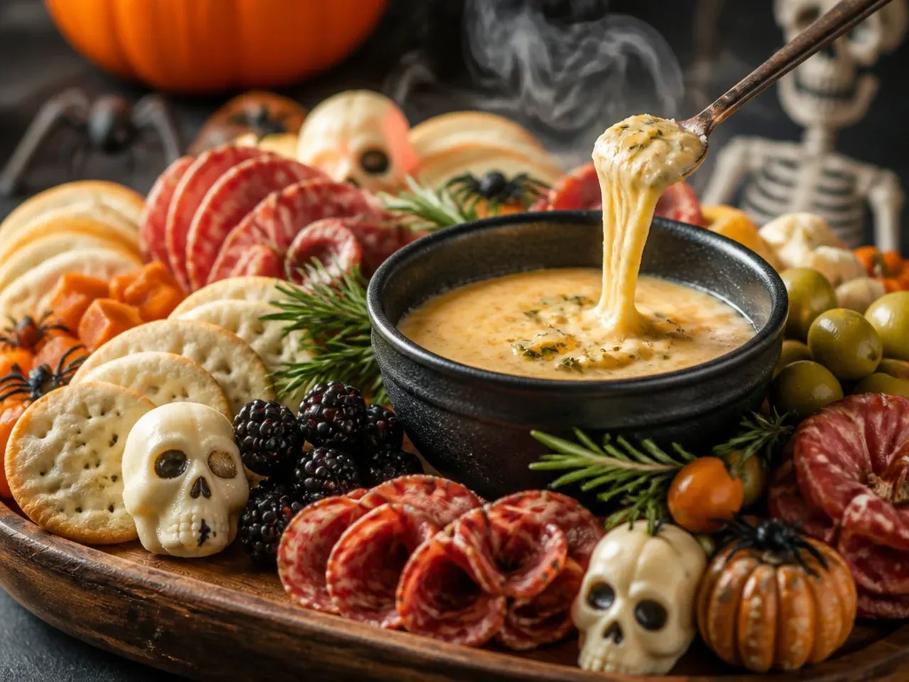 Prepped ingredients for a make-ahead halloween themed charcuterie board stored in containers