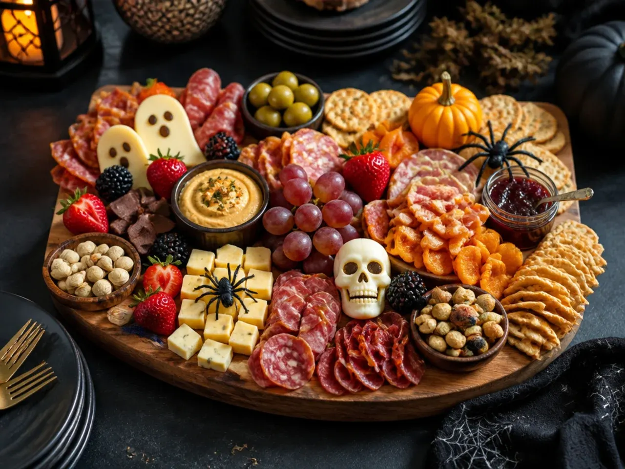 Family-friendly halloween themed charcuterie board with mild cheese and bat-shaped cutouts