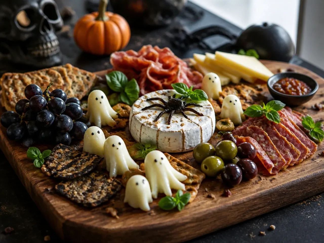 Candy corn striped cheese arrangement along the edge of a halloween themed charcuterie board