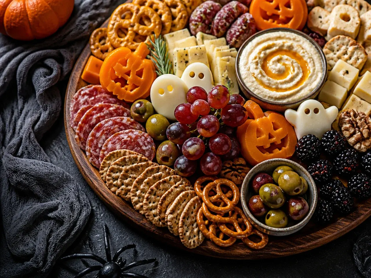 Quick 15-minute halloween themed charcuterie board with pre-sliced meat and cheese