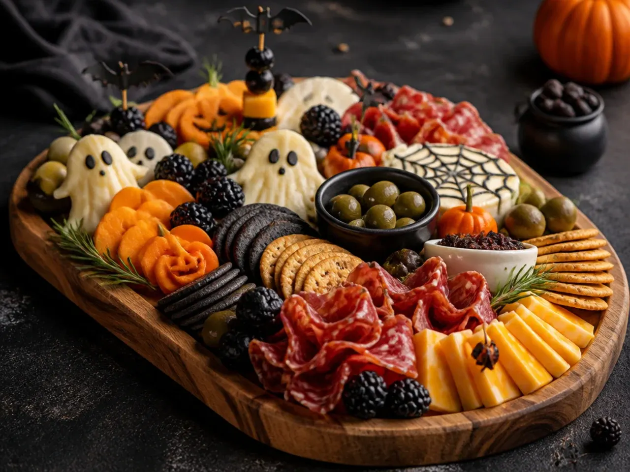 Homemade beetroot hummus and roasted pumpkin seeds on a halloween themed charcuterie board
