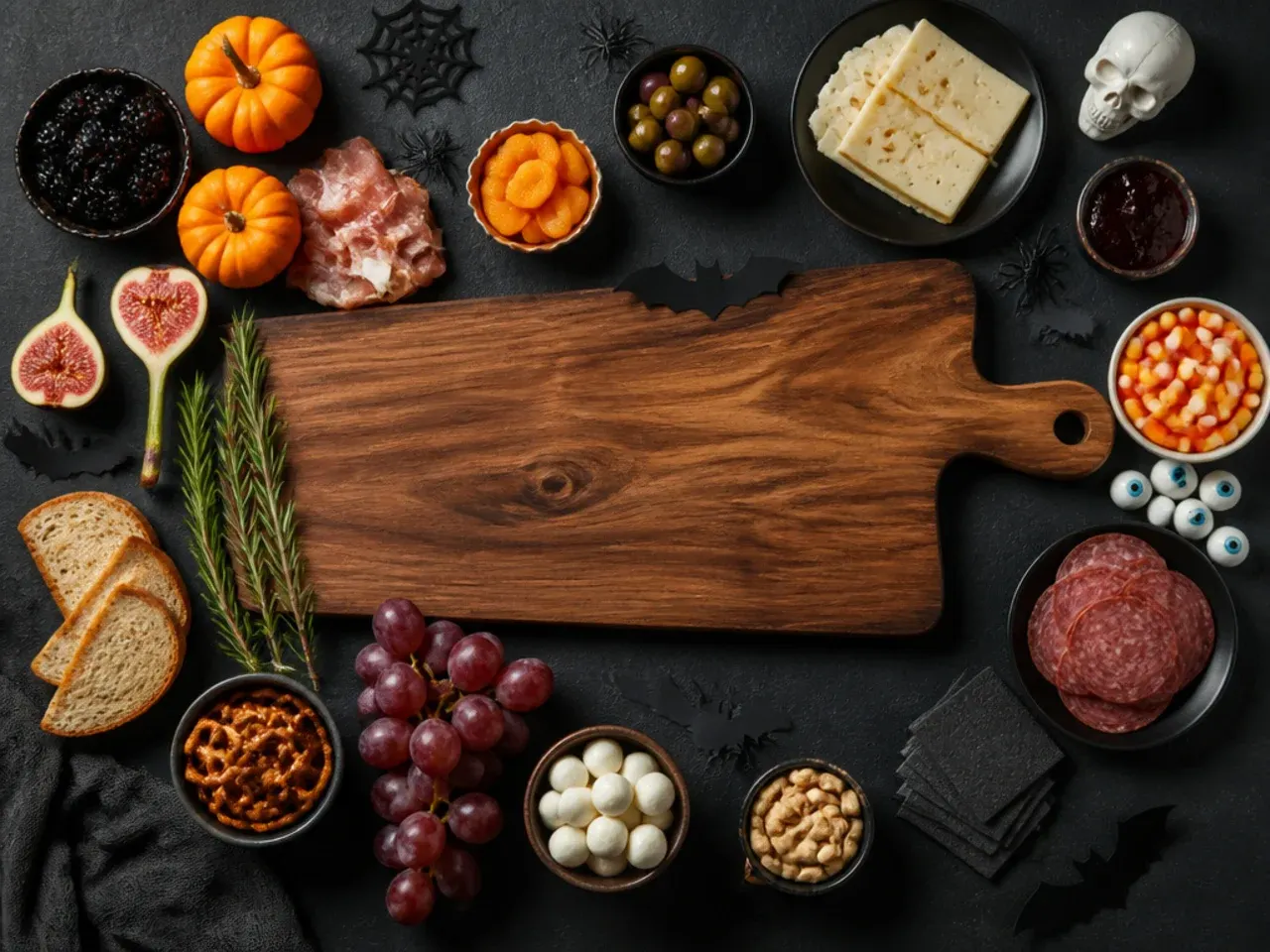 Hands arranging cheese and meat in layers on a halloween themed charcuterie board