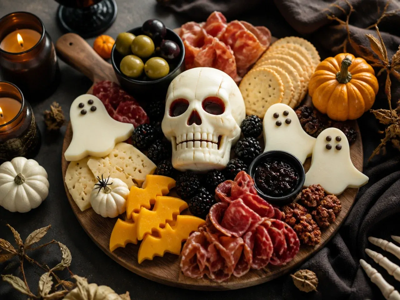 Halloween themed charcuterie board served with small plates, knives and a jug of cider