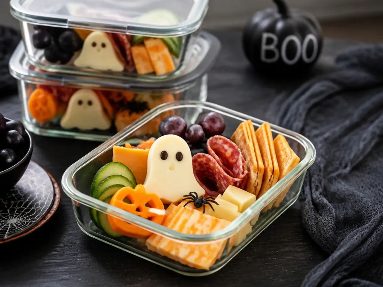 Leftover halloween themed charcuterie board ingredients stored separately in airtight containers