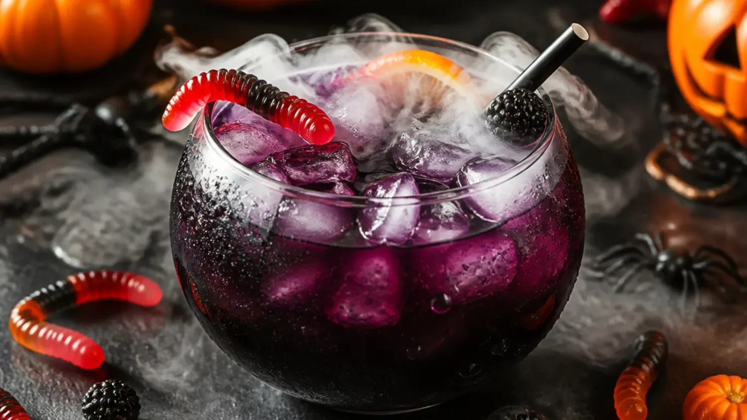 A table spread of colourful halloween themed drinks in glasses with dry ice fog, garnished with gummy worms, orange slices and black straws