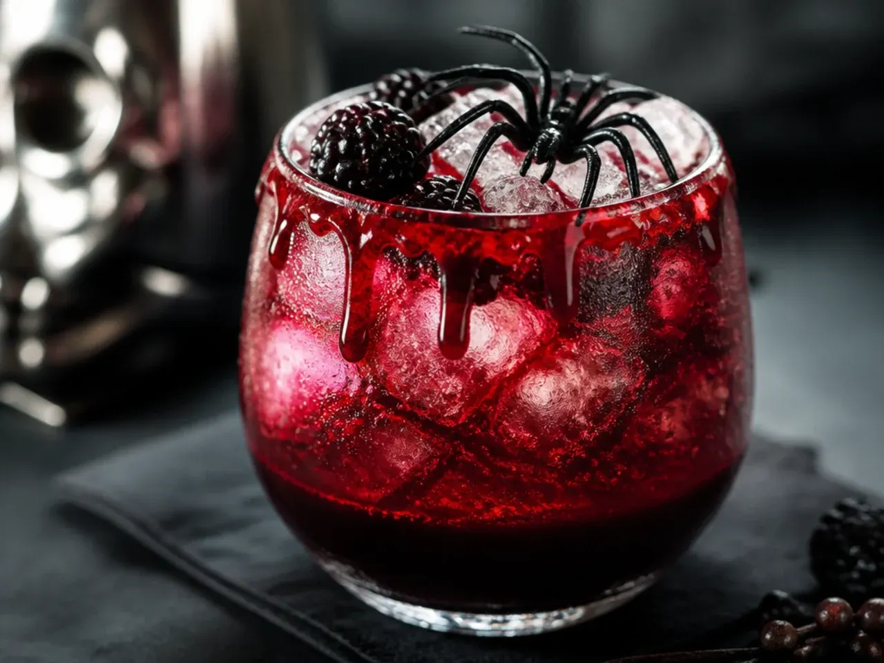 Overhead shot of several halloween themed drinks in glasses on a black tablecloth with pumpkins and candles