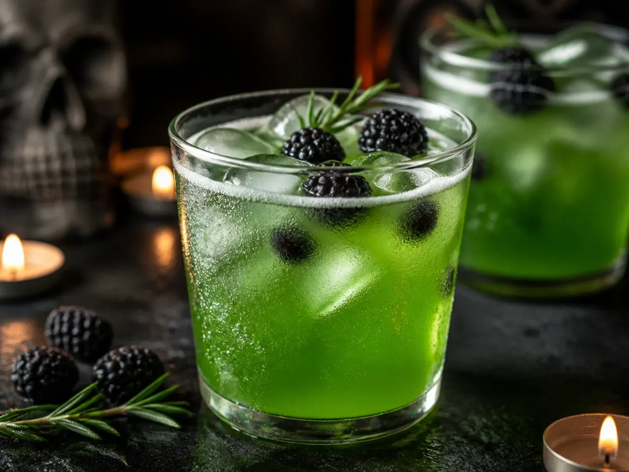 Glass punch bowl of foaming green witches brew punch with a ladle and gummy worm garnish