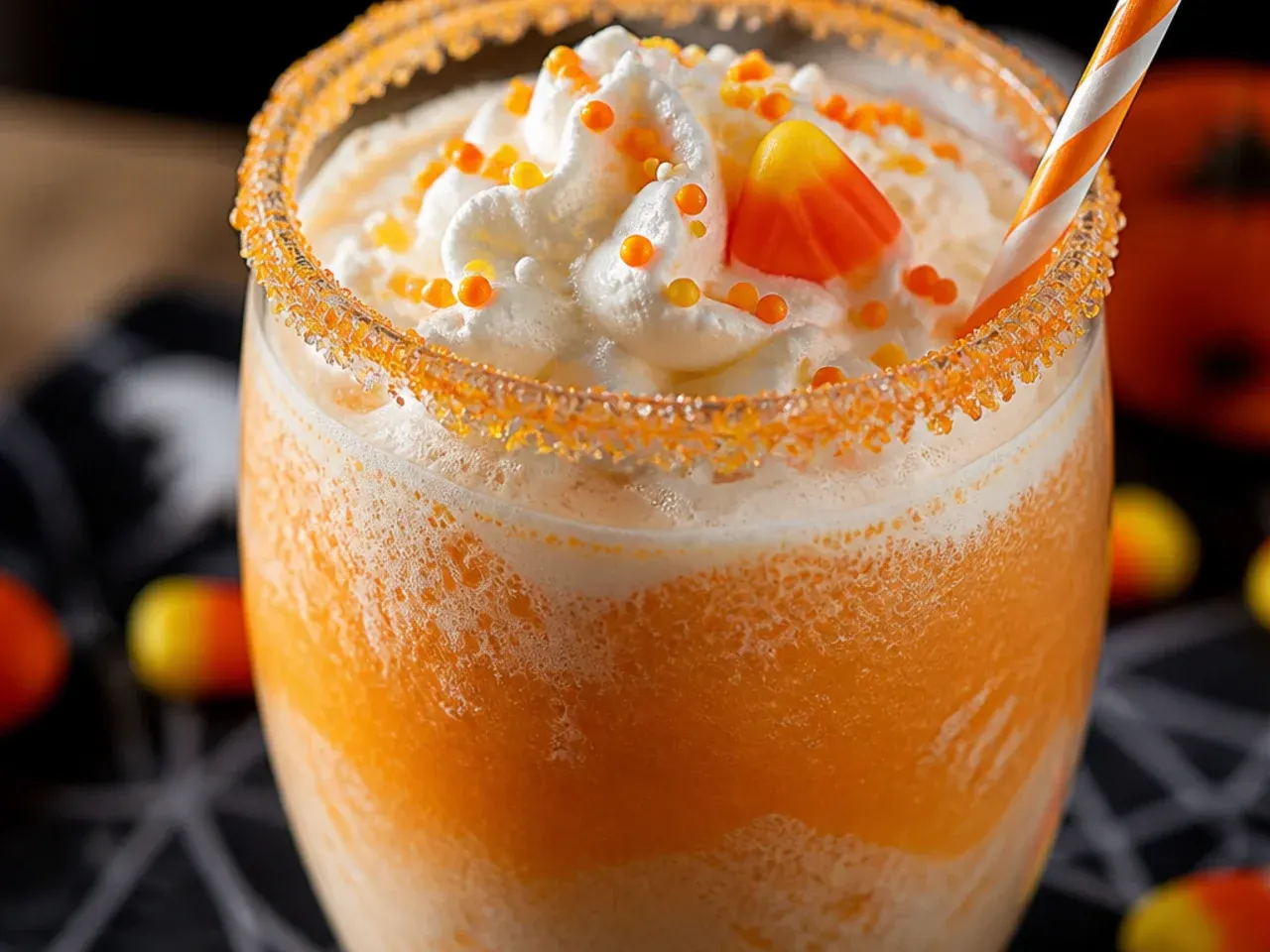 Layered orange, yellow and cream frappuccino in a tall cup topped with whipped cream and sprinkles