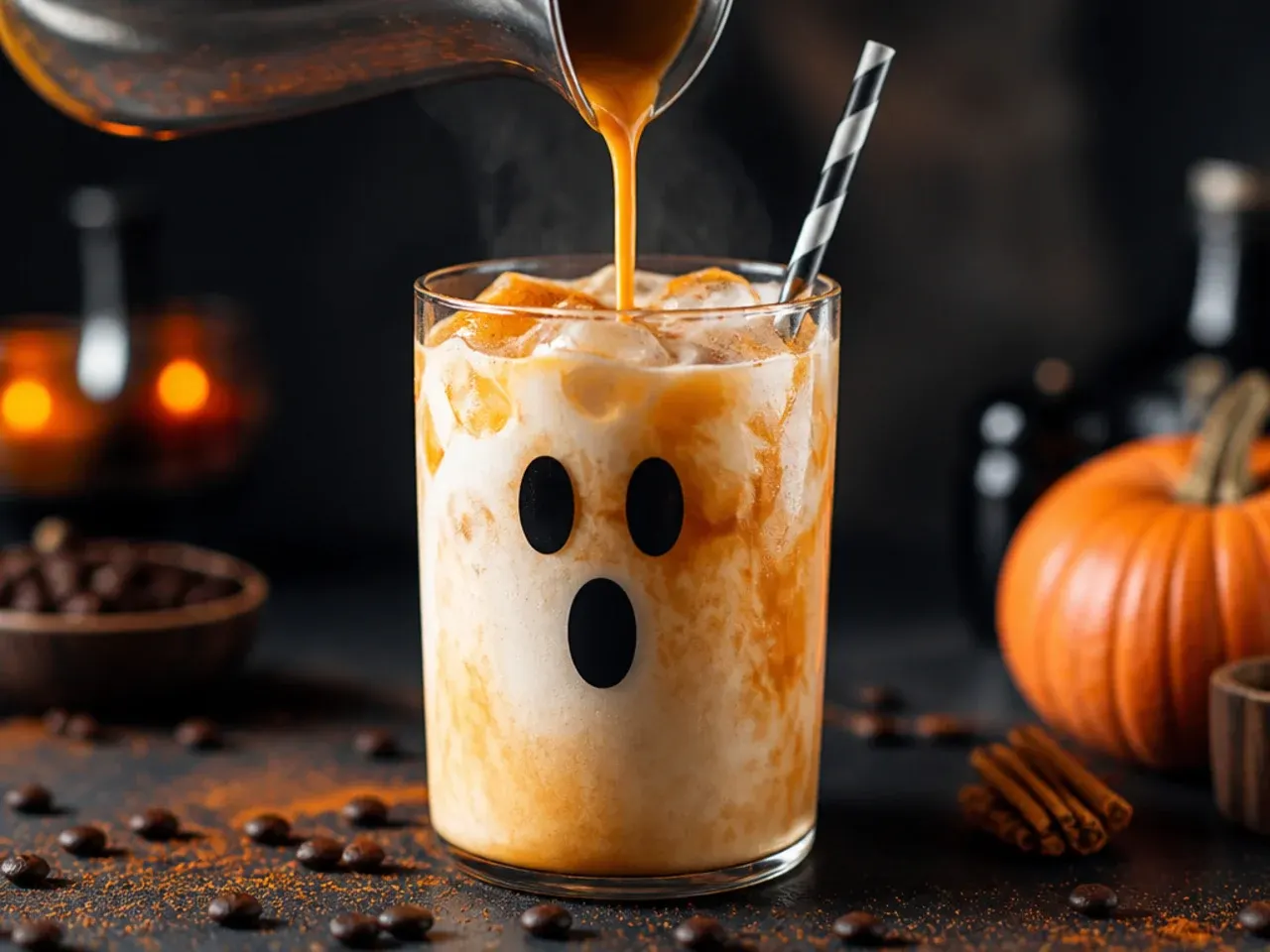 Latte in a glass mug with steamed milk foam decorated as a ghost face and cinnamon dusting