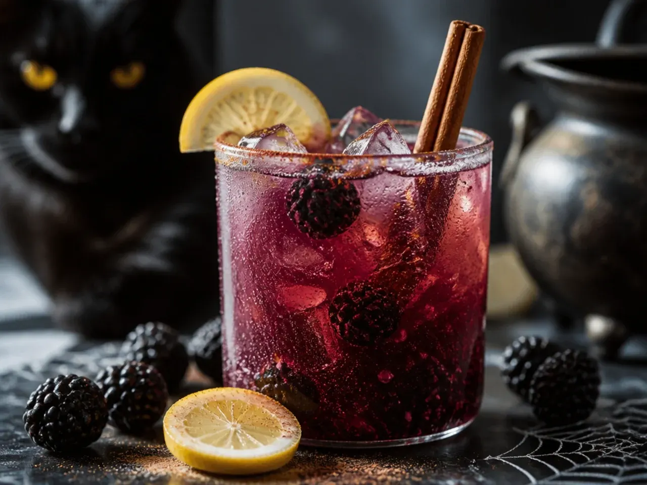 Pitcher of dark purple blackberry lemonade with ice and blackberries, poured into a glass