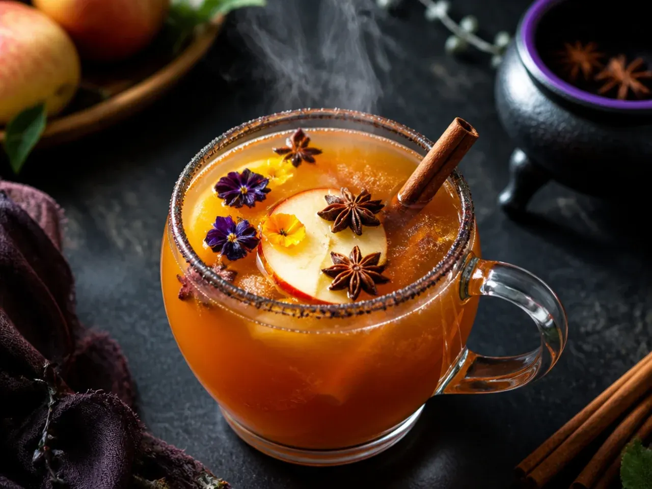 Mug of spiced apple cider with cinnamon sticks and orange slices next to a simmering pot