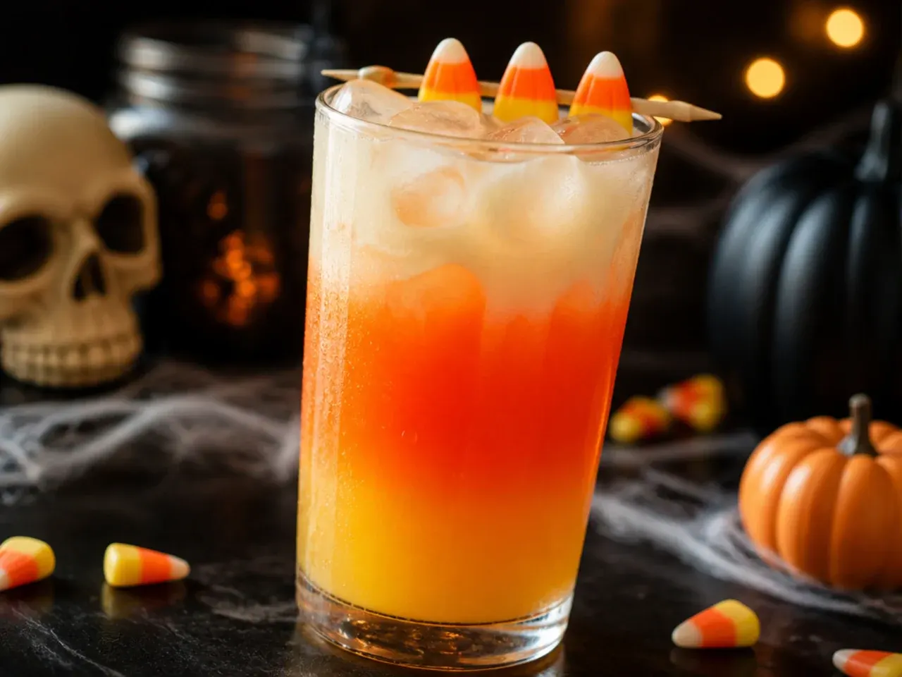 Glass with three distinct orange, yellow and cream layers resembling candy corn, unstirred with ice