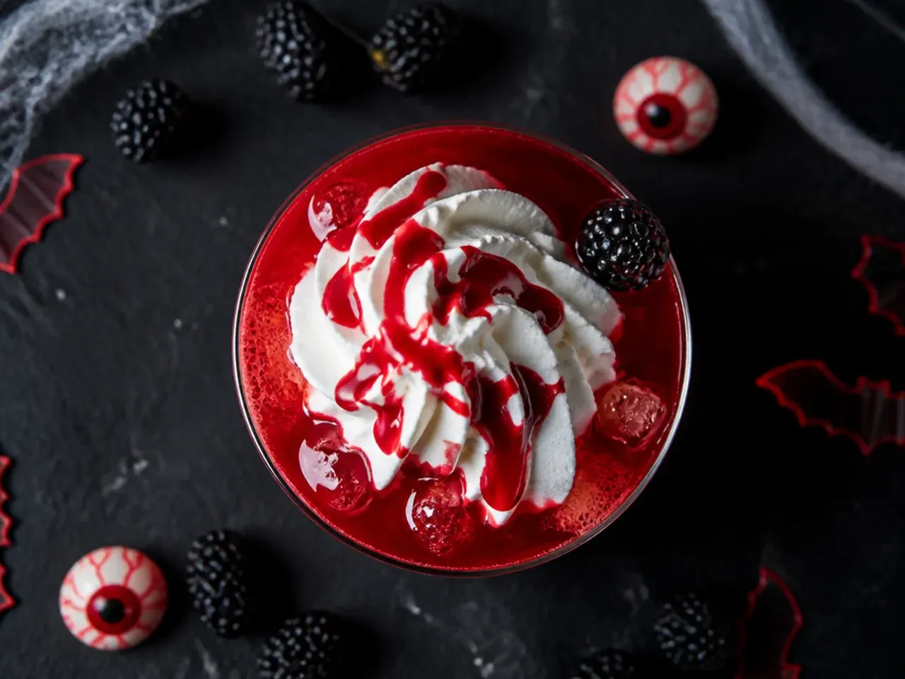 Simple red drink in a glass with black sugar rim and ice, garnished with a plastic spider ring