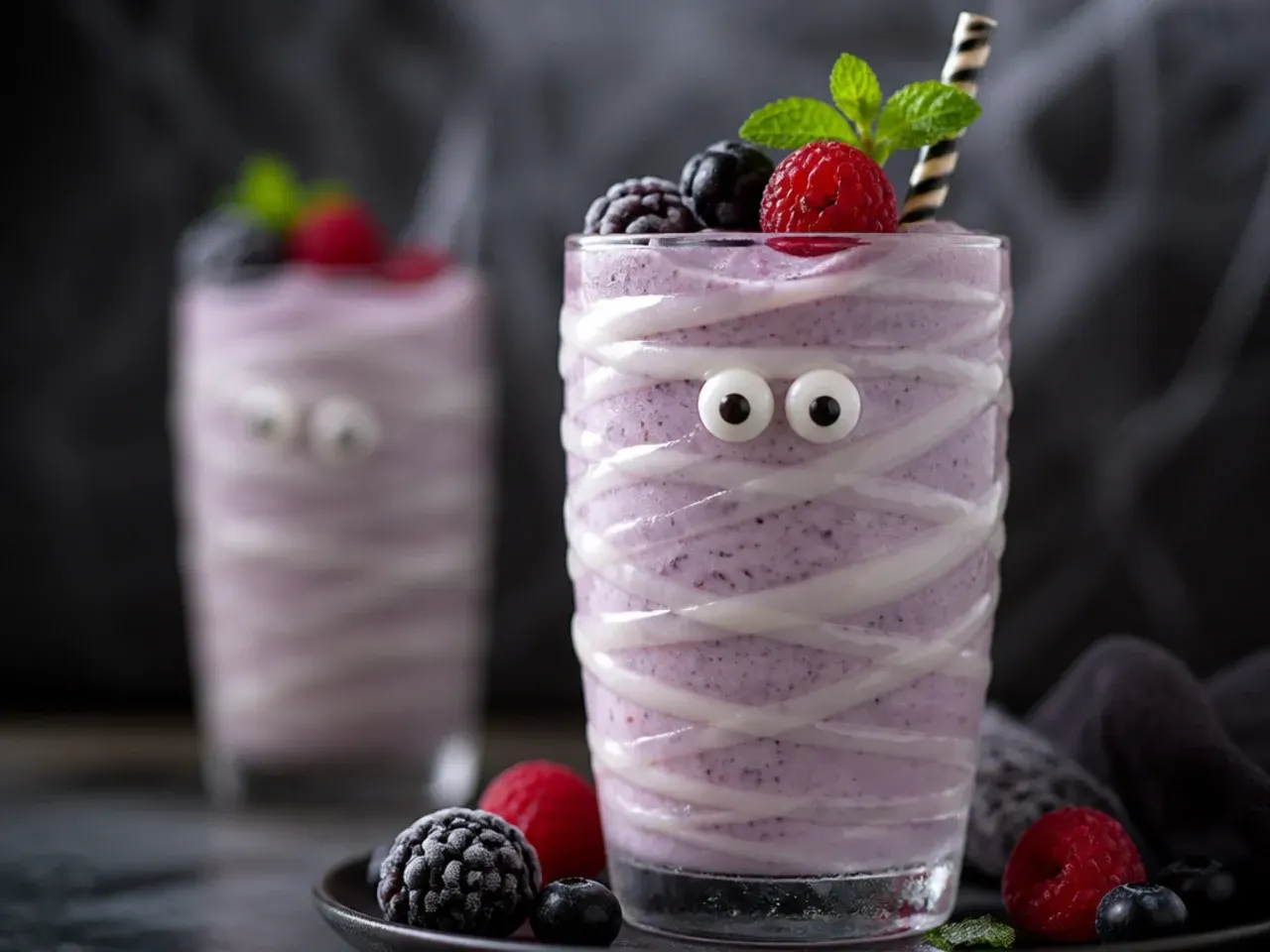Vanilla milkshake in a glass wrapped with white chocolate mummy bandage stripes and candy eyes