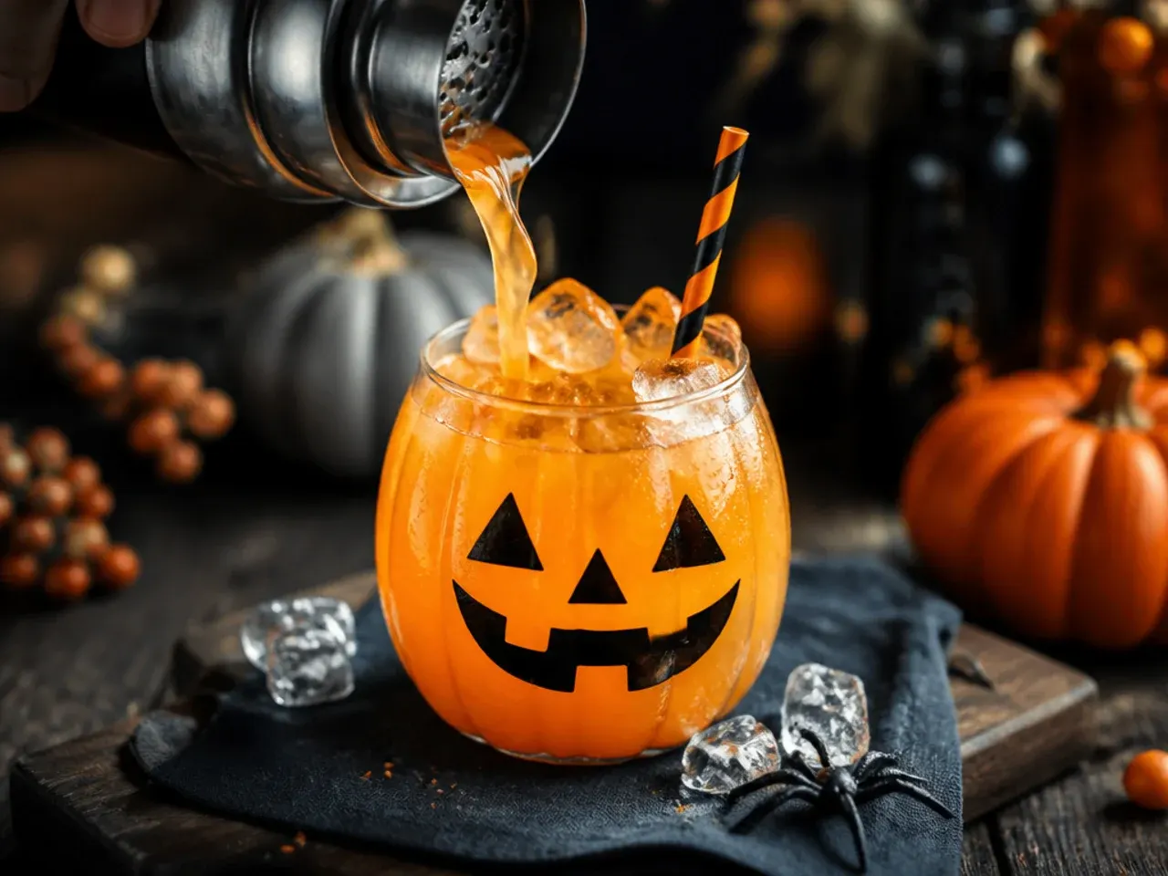 Clear glass drawn with a jack-o-lantern face filled with bright orange fizzy drink and ice