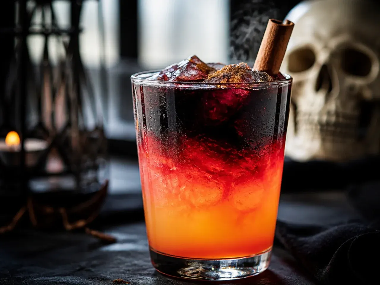 Layered red and orange sunset drink in a glass with a cherry garnish and no stirring