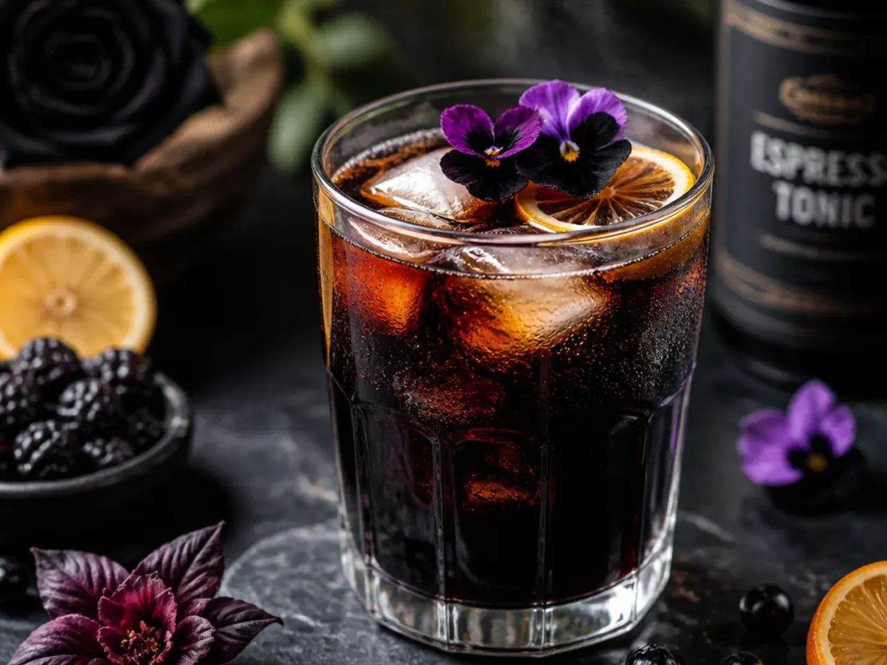 Espresso tonic drink with dark coffee layered over clear tonic water and ice in a rocks glass
