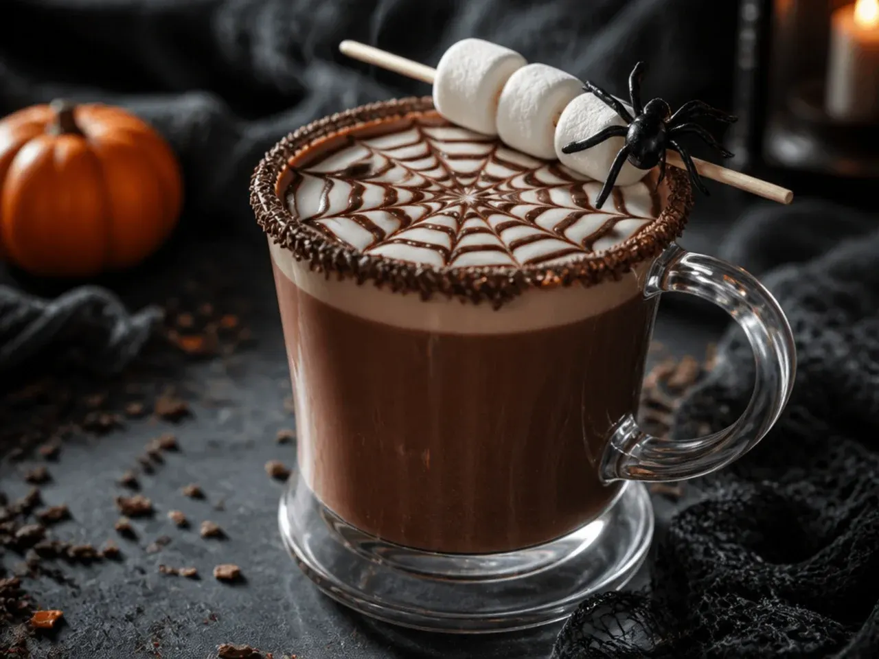 Mug of hot chocolate topped with a white chocolate spider web design and a spider ring
