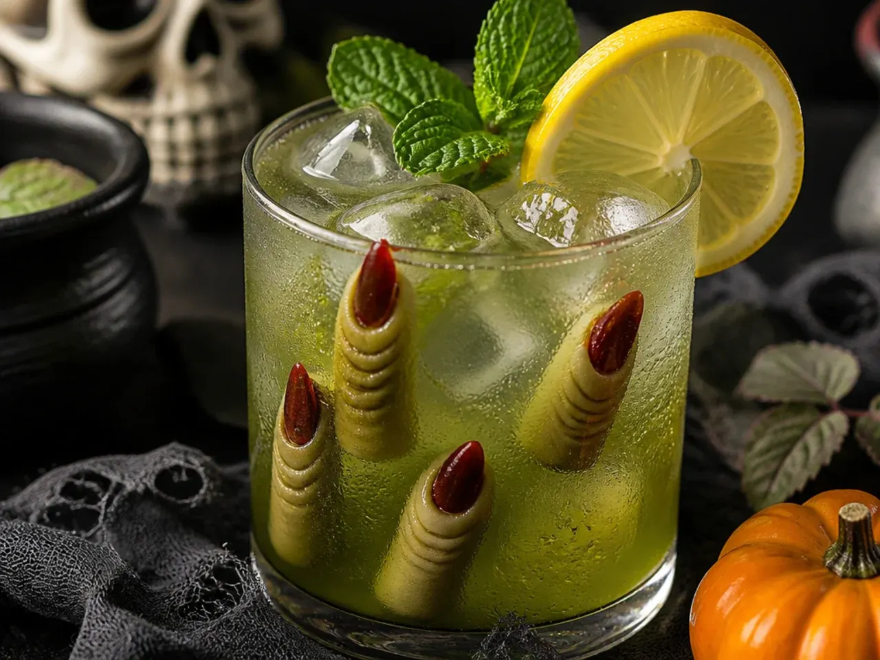 Iced green tea in a glass with frozen banana witch finger garnishes floating on top
