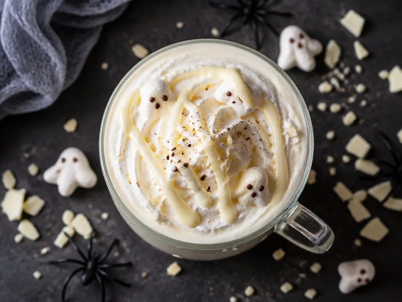 Mug of white hot chocolate topped with whipped cream shaped like a ghost with chocolate chip eyes
