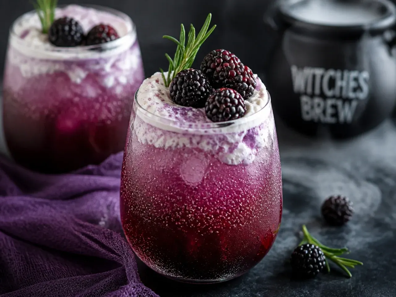 Teal fizzy cream soda float in a dark glass with dry ice fog swirling around the base