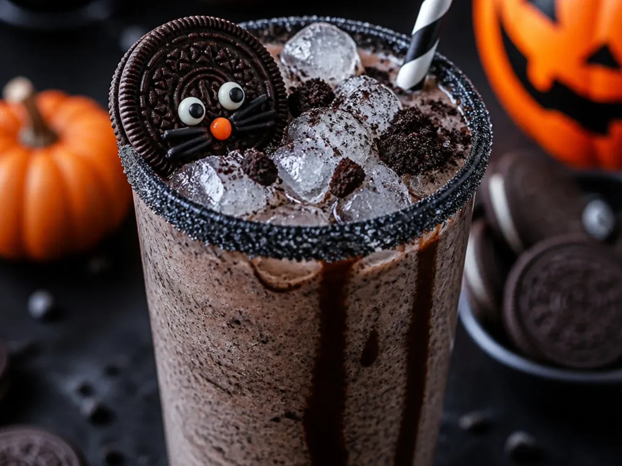 Thick Oreo milkshake topped with whipped cream, a whole cookie and chocolate cat ears