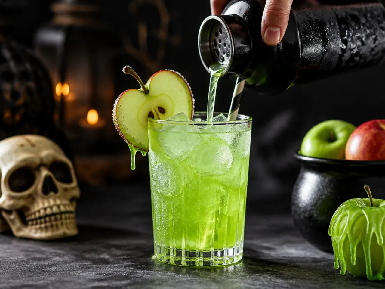 Green fizzy apple sparkler in a glass with ice and a thin apple slice garnish