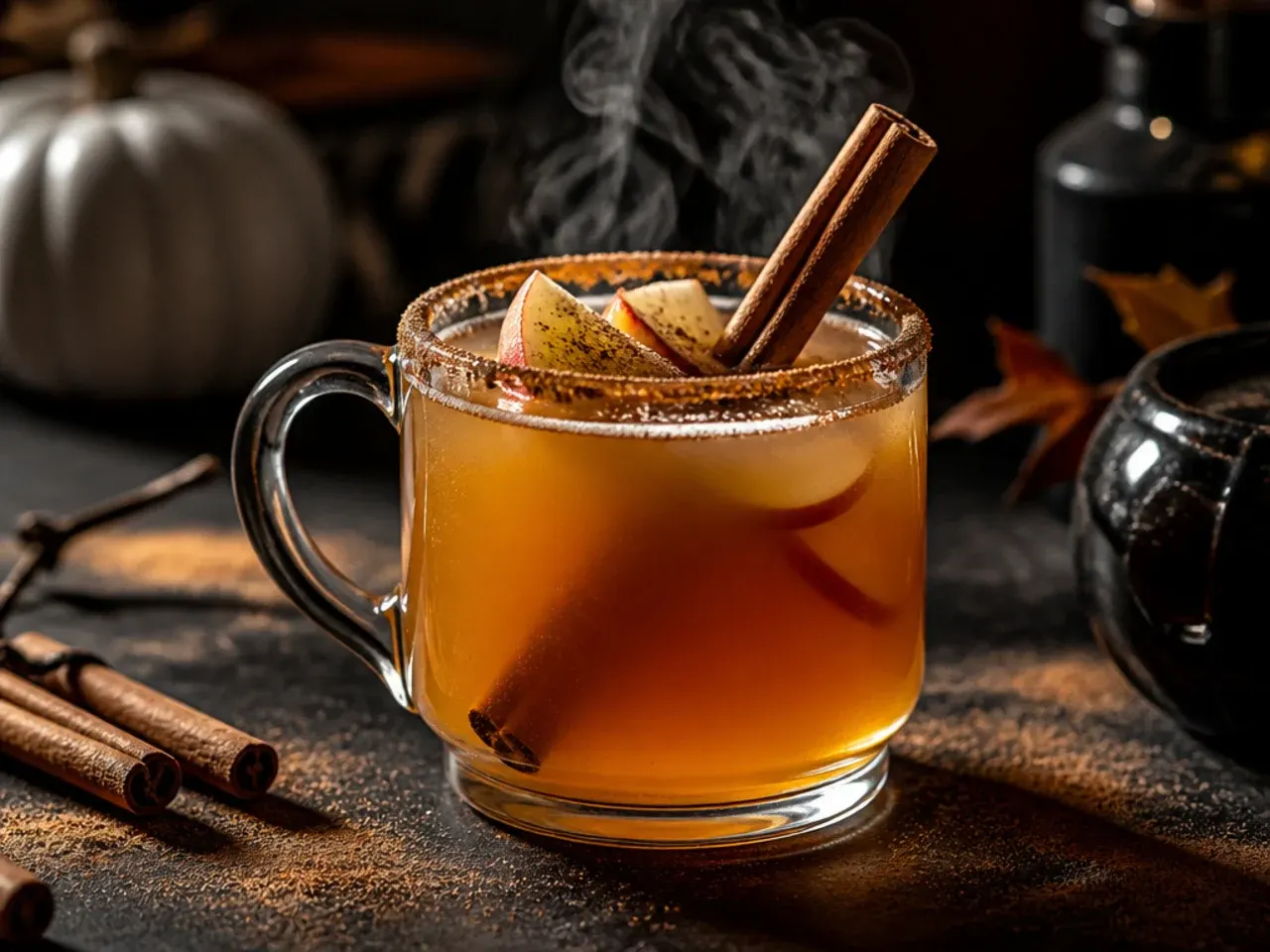 Mug of warm cider with a cinnamon stick broomstick garnish tied with twine